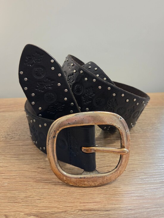 Lucky Brand Vintage Black Embossed Studded Leather Belt Brass Buckle - Large 36\